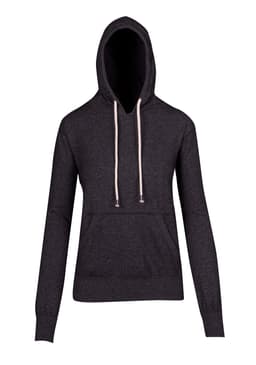 A dark grey hoodie featuring a front pocket, drawstrings, and a logo on the front.
