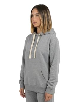 A grey women's juniors heavy fleece hoodie with a front pocket and drawstring hood. Features a logo on the chest.