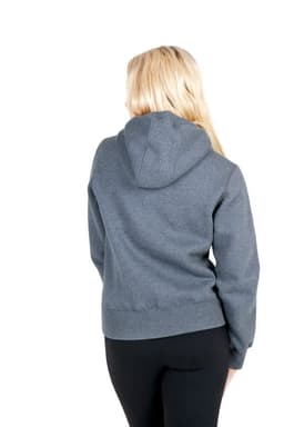A women's heavy fleece hoodie in grey, featuring a hood and a cropped cut, viewed from the back.