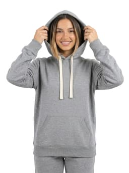A grey heavy fleece hoodie with a front pocket and drawstring hood, featuring a model smiling while wearing it.