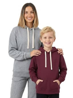 A woman in a grey heavy fleece hoodie stands beside a boy in a maroon hoodie. Both hoodies have drawstrings and pockets.