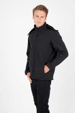 A black men's soft shell hooded jacket from the TEMPEST range, worn by a model standing with hands in pockets.