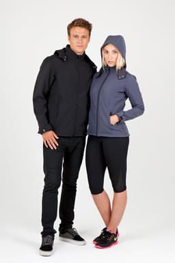 A black and grey soft shell hooded jacket modelled by two individuals, featuring a hood and logo.
