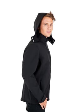 A black men's soft shell hooded jacket from the TEMPEST range, featuring a fitted silhouette and a hood.