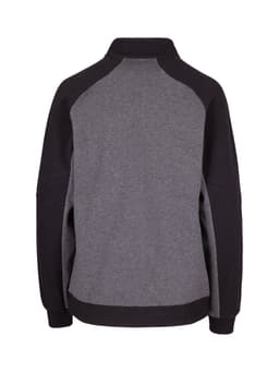 A women's jacket featuring a grey and black design, with a high collar and raglan sleeves. It has a logo on the side.