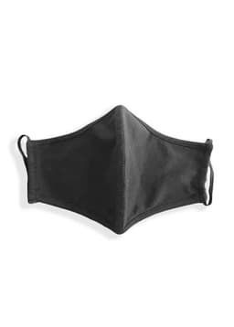 A black cotton face mask with a middle seam and ear loops, featuring a logo on one side.