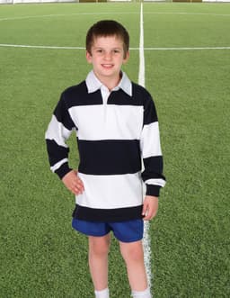 A boy stands on a rugby field wearing a navy and white striped polo top with a collar. The shirt has a logo.