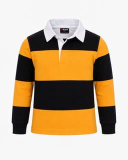 A kid's rugby polo top featuring yellow and black horizontal stripes, with a white collar and an attached branding label.