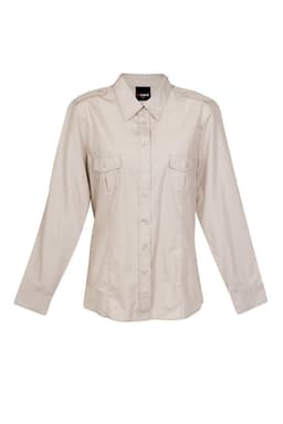 A women's military long sleeve shirt in a light beige colour, featuring a button-up front and two chest pockets.