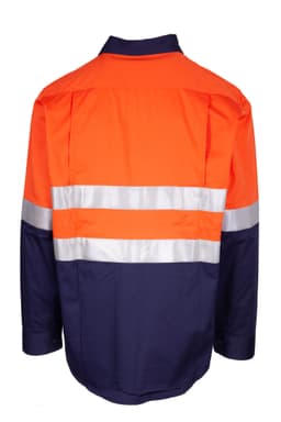 A long sleeve work shirt in orange and navy with reflective stripes and a logo.
