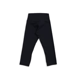 A pair of black high-rise 3/4 leggings with a smooth finish and a waistband, featuring a logo.