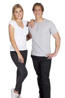 A woman in a white Hanley T-shirt and a man in a grey T-shirt, both wearing black jeans.