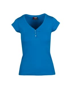 A women's t-shirt in bright blue with short sleeves and a v-neckline, featuring three buttons.