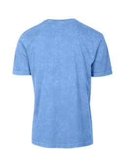 A blue stone wash T-shirt featuring a classic crew neck and short sleeves, with a branded logo.