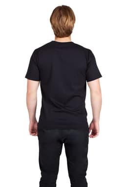A black modern fit unisex T-shirt displayed from the back, showing its simple design and silhouette.