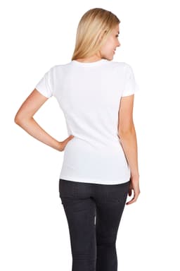 A white women's modern fit T-shirt displayed from the back, paired with dark jeans. The T-shirt features a logo.