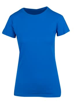A blue women's modern fit T-shirt with a classic crew neckline and short sleeves. The T-shirt features a logo.