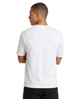A white men's/unisex loose T-shirt with short sleeves, featuring a plain back view and a logo.