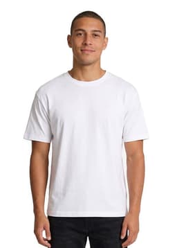 A white unisex loose T-shirt displayed on a model, featuring short sleeves and a simple design.