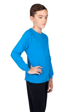 A kid's long sleeve T-shirt in bright blue, displayed on a model wearing black pants. The shirt has a simple design and logo.
