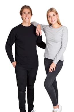 A black unisex long sleeve t-shirt worn by a man and a grey long sleeve t-shirt worn by a woman, both standing together.