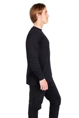A black long sleeve unisex T-shirt displayed on a model in profile view. The shirt has a logo.