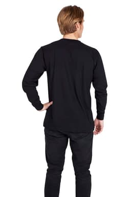 A black long sleeve T-shirt viewed from the back, paired with black trousers. The shirt features a brand logo.