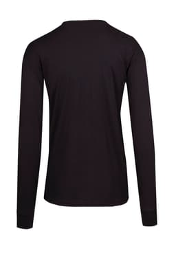 A black long sleeve T-shirt with a simple design and a logo on the back.