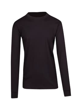 A black long sleeve T-shirt for men or unisex with a round neckline and a logo.