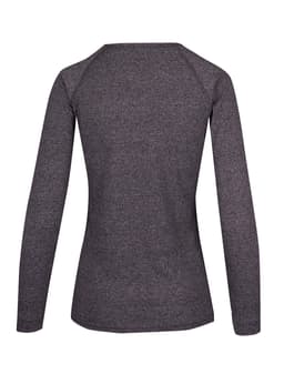 A heather grey long sleeve women's T-shirt featuring a fitted design and a back view. Includes a logo.