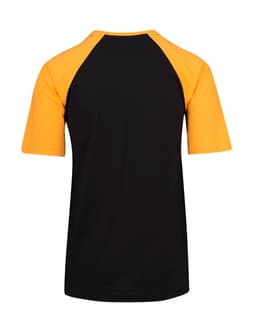 A unisex raglan sleeve tee featuring black and yellow colours, with a logo on the back.