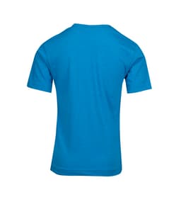 A blue kids' crew neck T-shirt featuring a plain back design and short sleeves. Includes a branding logo.