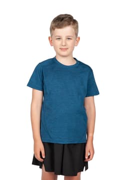 A boy in a blue 100% polyester T-shirt, standing straight against a plain background, wearing a black skirt.