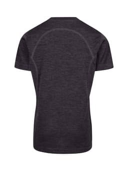 A dark grey kid's T-shirt made from 100% polyester, featuring a simple design and no visible branding.