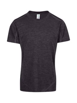 A black 100% polyester kid's T-shirt with a short sleeve design and a logo on the label.