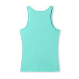 A women's singlet in a vibrant aqua colour, featuring a simple design and a logo on the back.