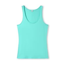 A light teal women's singlet with a scoop neckline and a fitted style, featuring a logo on the label.
