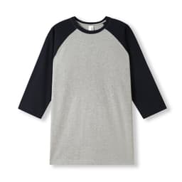Men's/unisex 3/4 sleeve raglan T-shirt featuring a grey body and navy blue sleeves, with a branding logo.