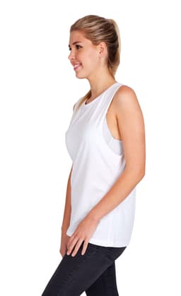 A white women's combed cotton tank top displayed on a model, featuring a side view and a logo.