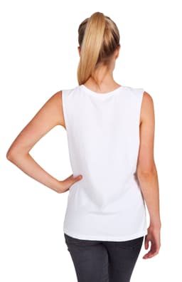 A white women's combed cotton tank top with a classic back design, featuring a logo.