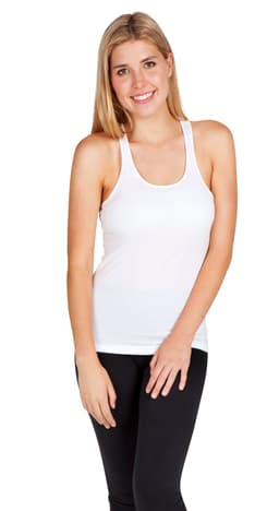 A white women's T-back singlet is displayed, featuring a fitted design and a model wearing it with black pants.