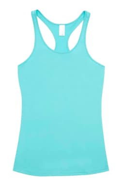 A light turquoise women's T-back singlet with a racerback design. It features a plain style and has a branding logo.