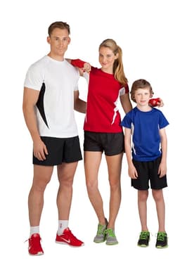 Three individuals wearing athletic t-shirts in white, red, and blue, paired with shorts and sport shoes. One person is holding a drink bottle.
