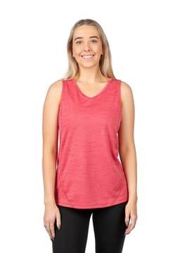 A red women's singlet made of 100% polyester, featuring a casual design and a logo.