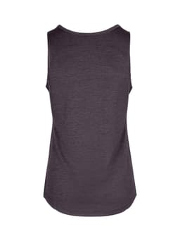 A women's singlet in dark purple with a round neckline and no sleeves, featuring a branding logo.