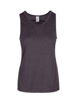 A women's singlet in dark grey, made from 100% polyester, featuring a logo on the label.