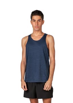 A navy blue men's singlet made of 100% polyester, featuring a relaxed fit and simple design.