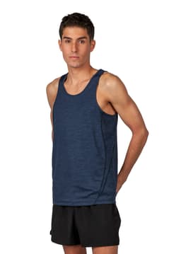 A navy blue men's singlet made of 100% polyester, featuring a simple design and a logo.