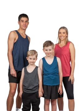 A group of four people wearing singlets in navy, grey, teal, and red, with one featuring a logo.