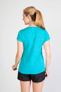 A turquoise women's athletic T-shirt with short sleeves, featuring a logo, displayed from the back view.